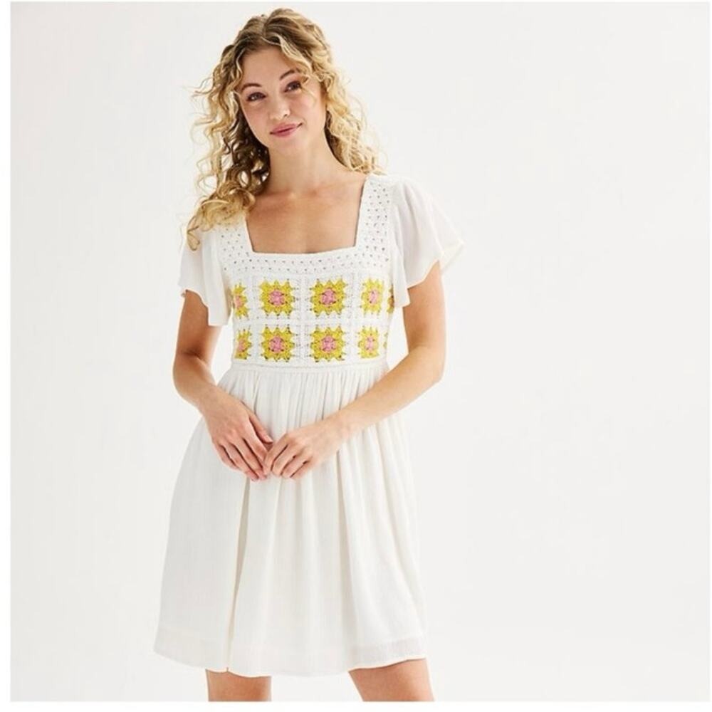 SO Goods for Life White Crochet Square Neck‎ Flutter Sleeve Mini Dress XS